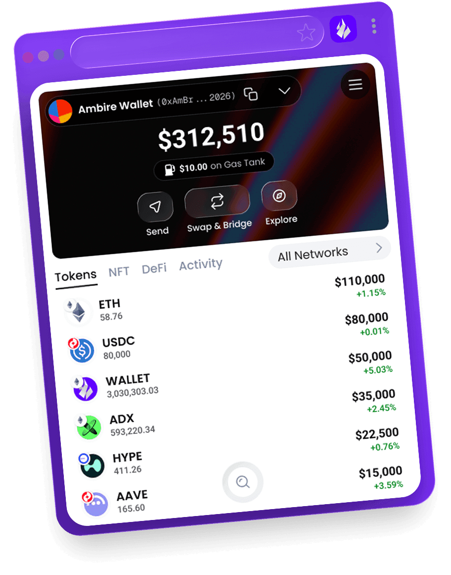 The Ambire Wallet extension showing a portfolio of tokens