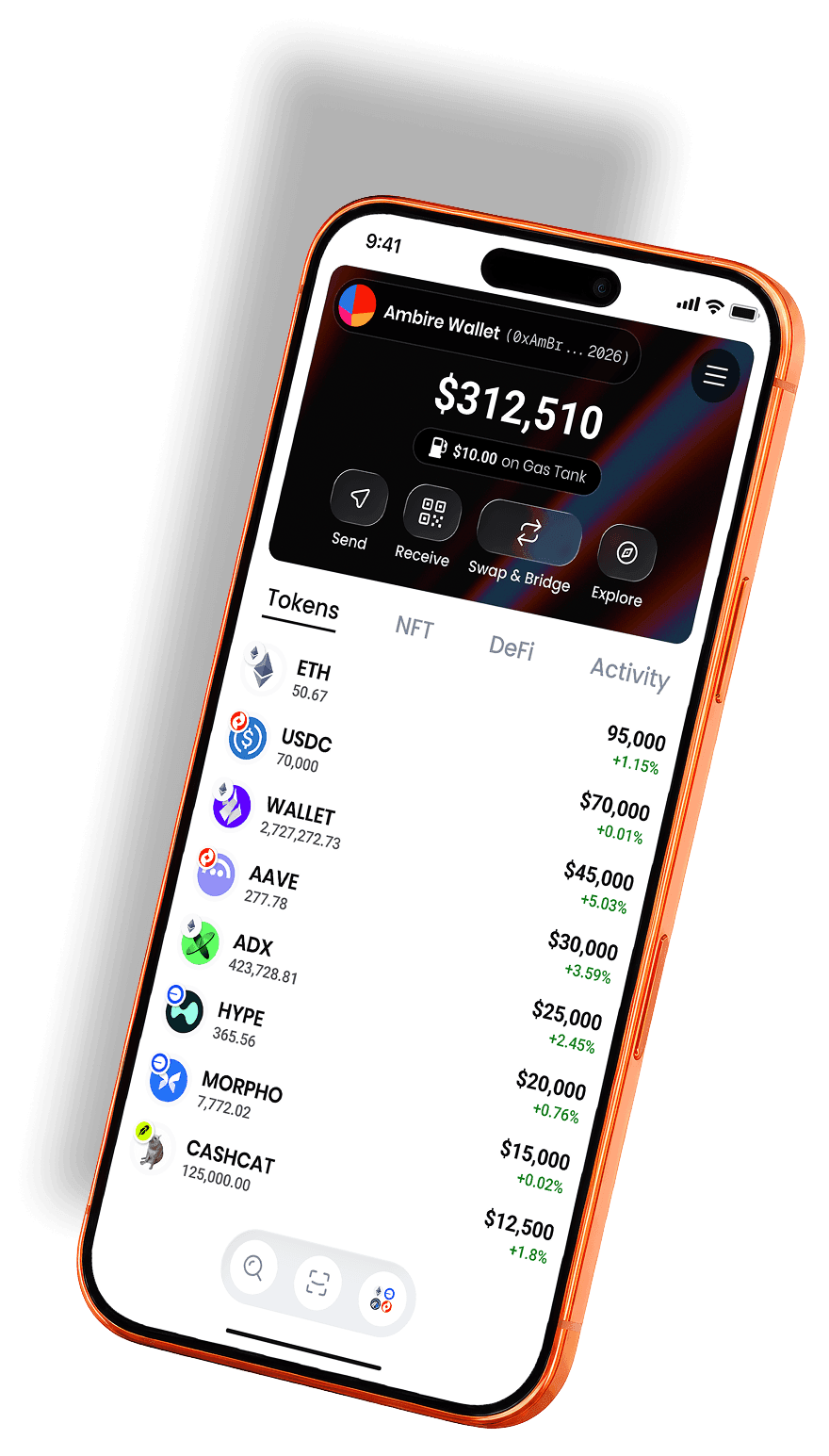 The Ambire Wallet mobile app showing a portfolio of tokens