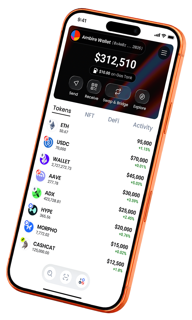 The Ambire Wallet mobile app showing a portfolio of tokens