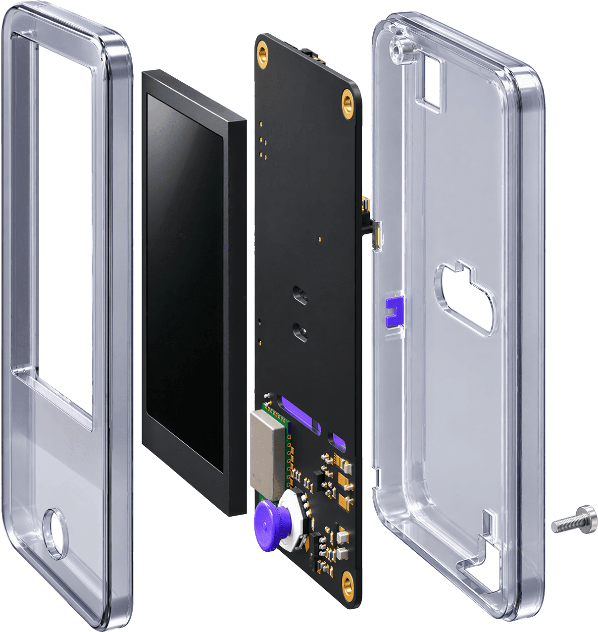 Ambire Ice taken apart: the transparent case, the screen and the board