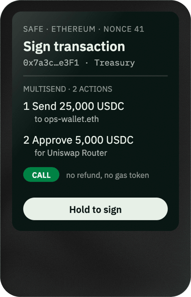 Ice screen asking to sign a two-action Safe multisend